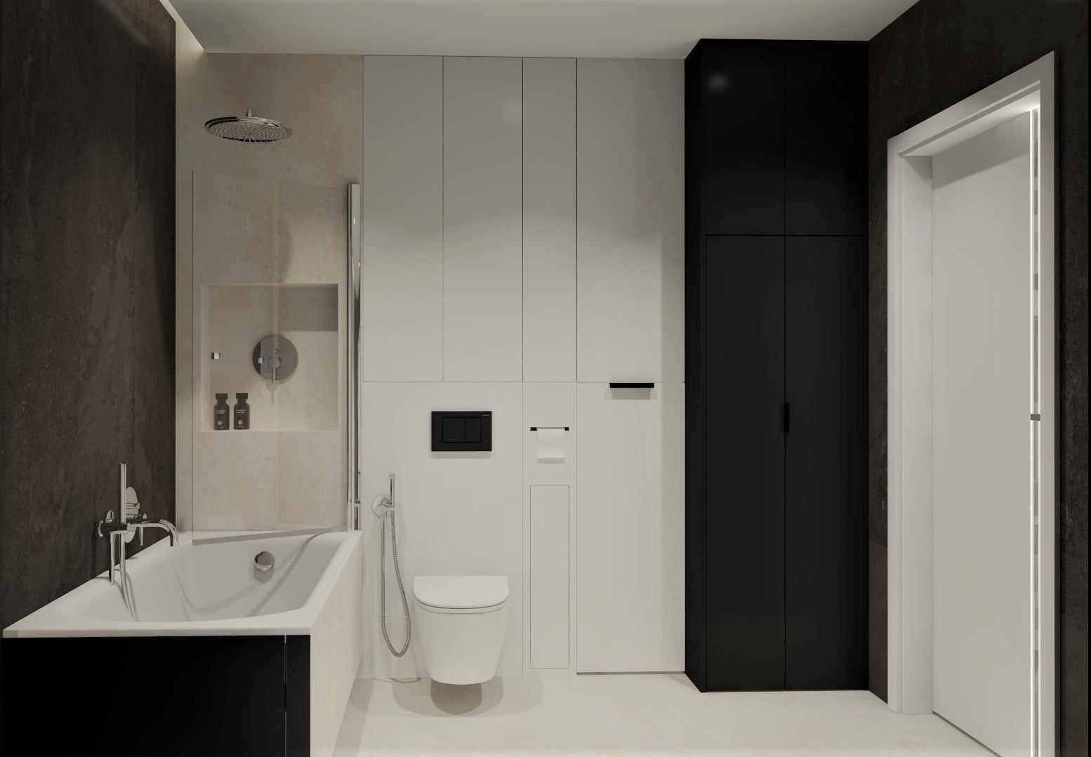 Minimalistyczna łazienka w odcieniach bieli i czerni, z wanną narożną, toaletą podwieszaną i zabudową meblową od podłogi do sufitu.