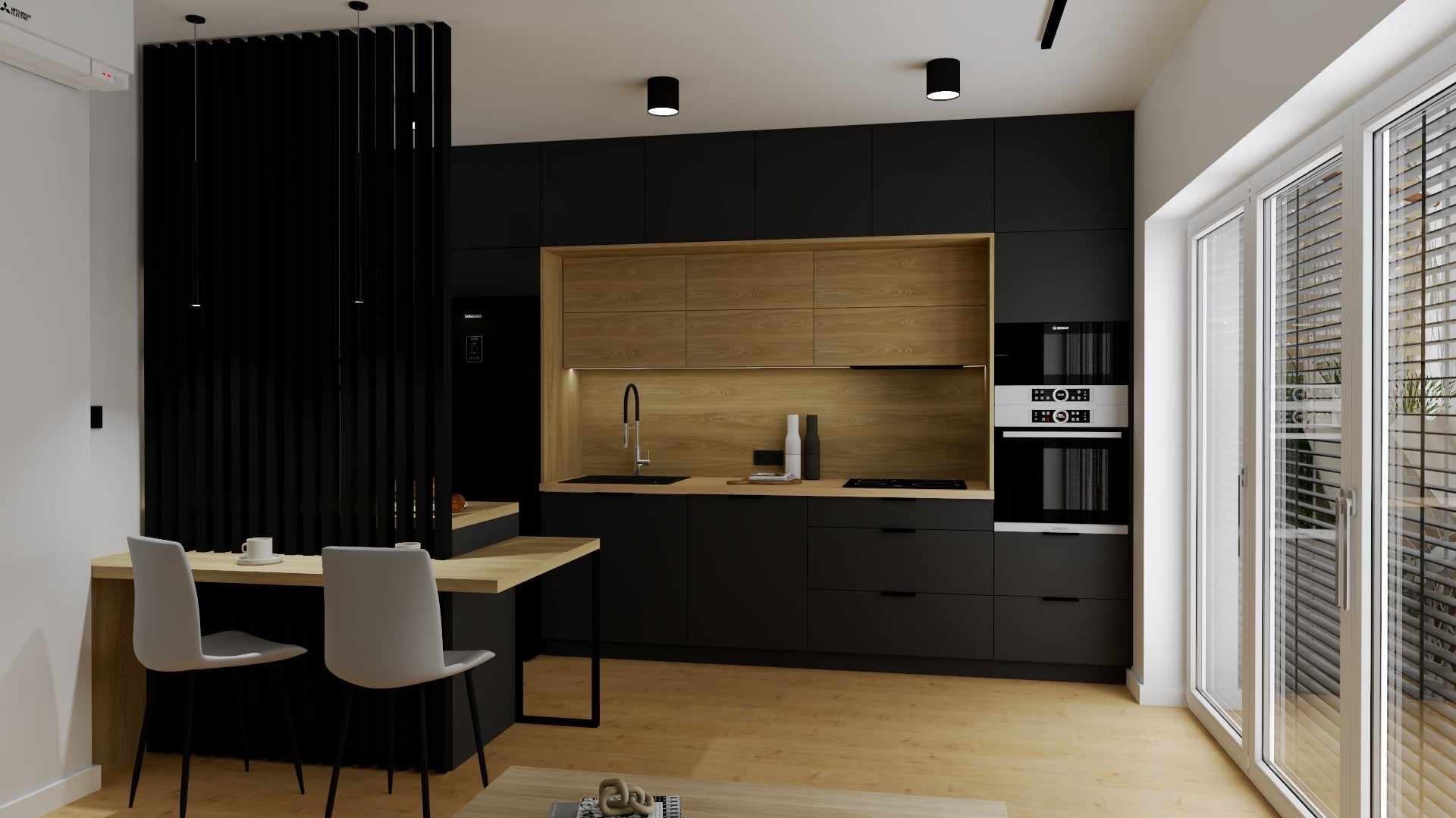 Nowoczesna kuchnia w odcieniach czerni i drewna z wyspą i minimalistycznym oświetleniem punktowym, widok na przesuwne drzwi balkonowe.