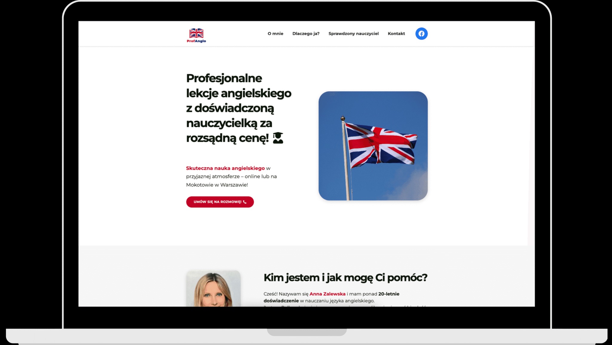 Ekran laptopa prezentujący stronę internetową lektora języka angielskiego z brytyjską flagą. Strona oferuje lekcje online i stacjonarne w Warszawie.