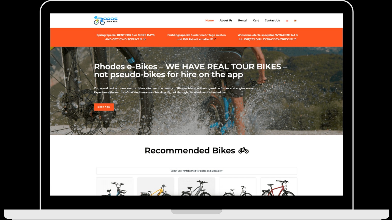 Strona internetowa wypożyczalni rowerów na Rodos, z rezerwacją online i wersjami językowymi. Widoczny rower w ruchu i oferta specjalna.