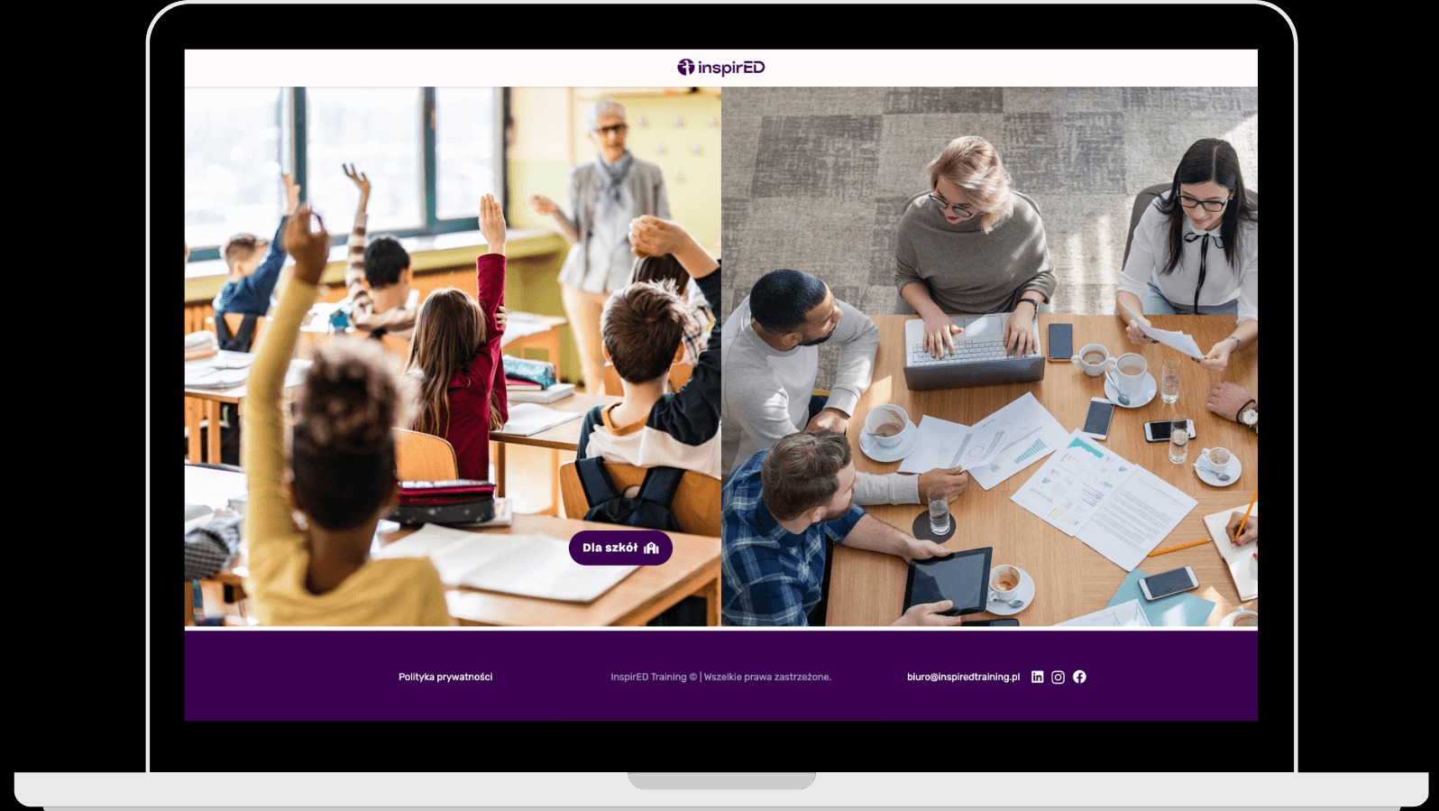 Laptop wyświetla stronę firmy szkoleniowej z podziałem na sekcję dla szkół i firm, ukazującą uczniów w klasie i zespół podczas spotkania.