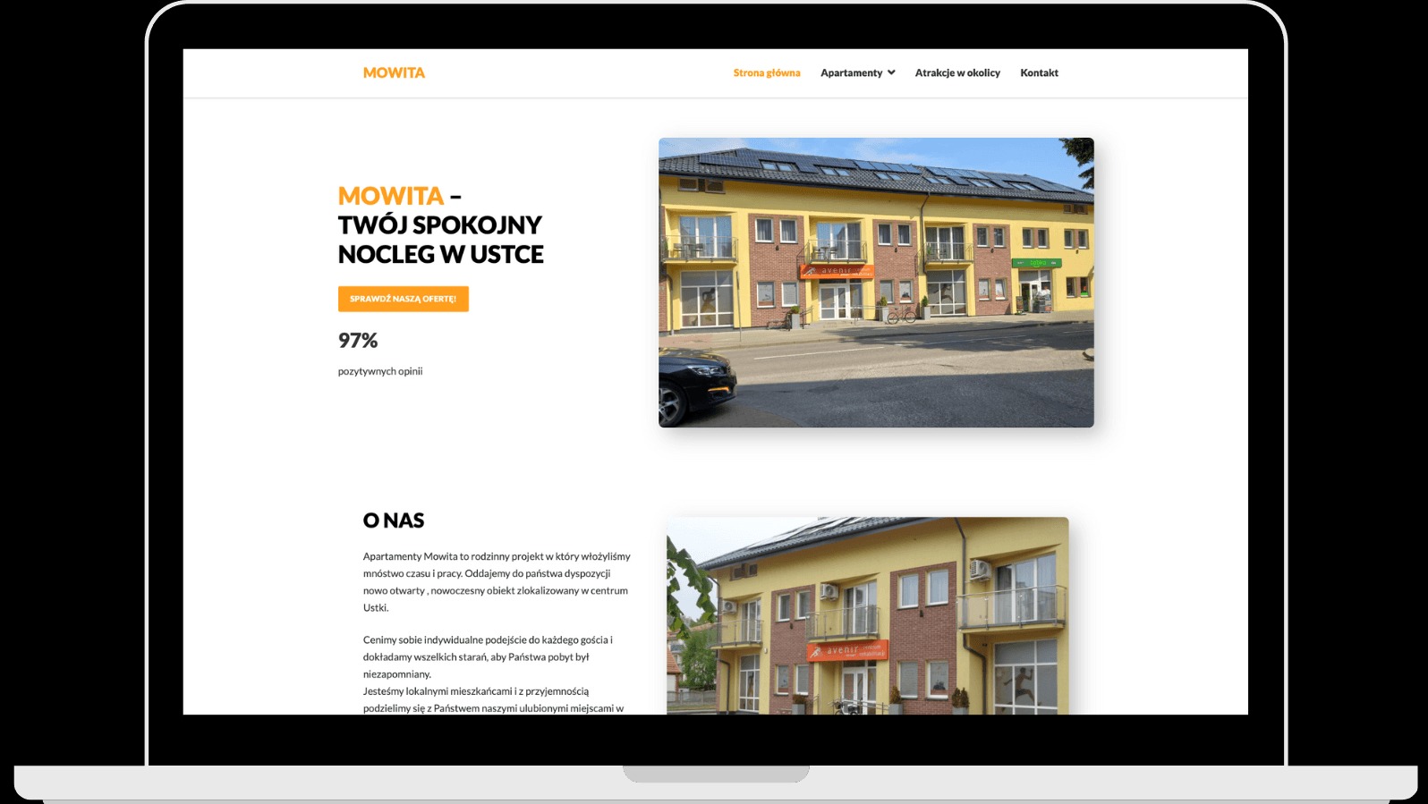 Responsywna strona www obiektu noclegowego Mowita w Ustce, z galerią, cennikiem i opisami pokoi, wyświetlana na ekranie laptopa. Jasna kolorystyka, nowoczesny design.
