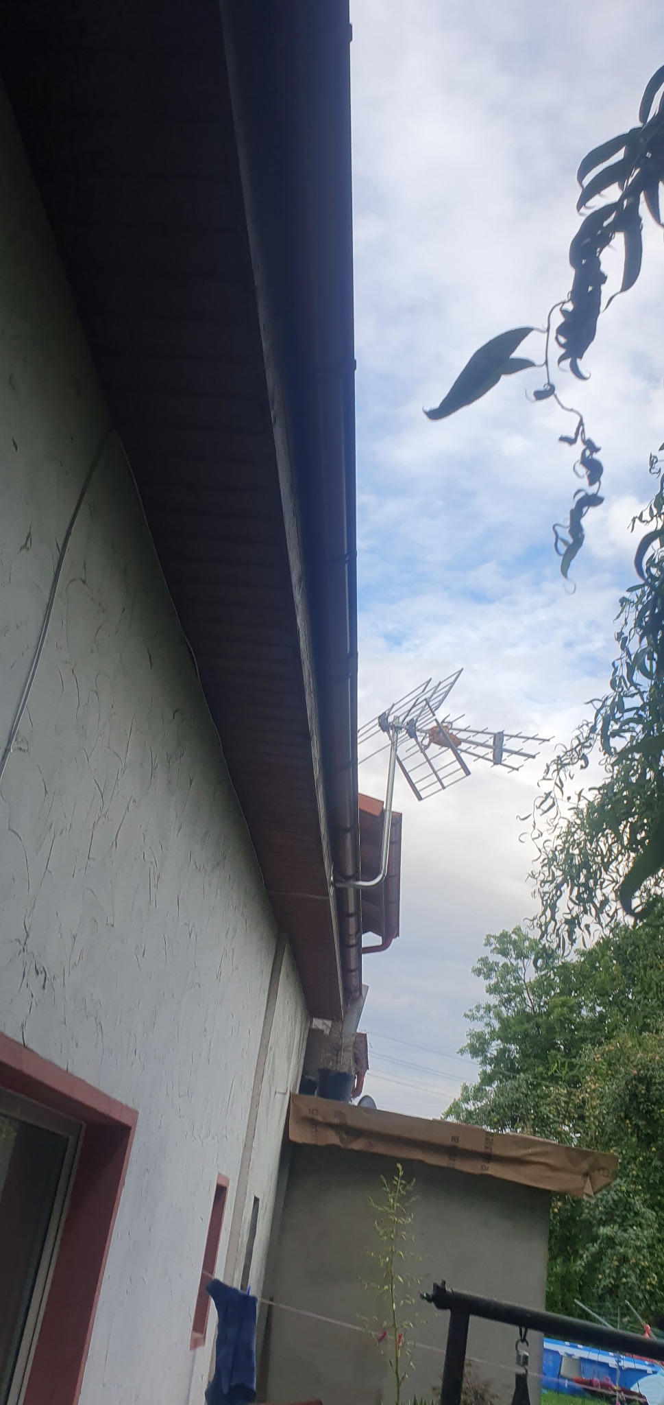 Antena telewizyjna zamontowana na elewacji budynku, widoczna z dołu, z fragmentem nieba i drzewa w tle. Ujęcie z perspektywy żabiej.