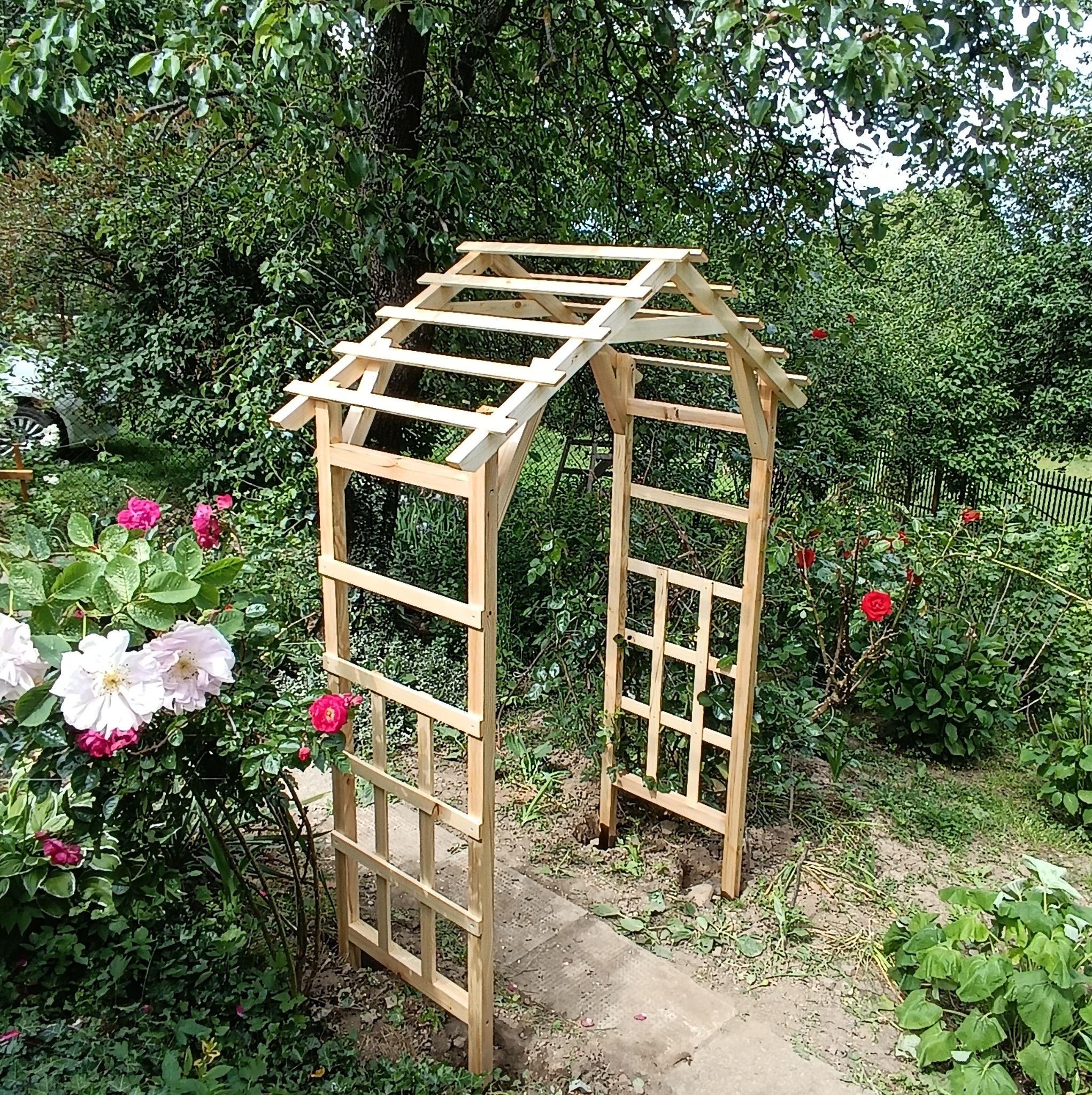 Surowa drewniana pergola ogrodowa z kratownicami, częściowo zadaszona, otoczona kwitnącymi różami i bujną zielenią.