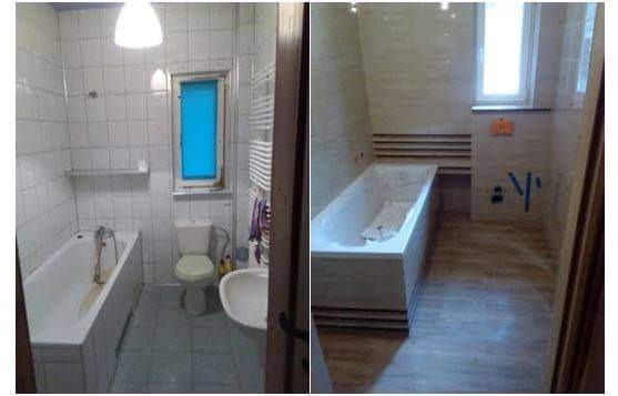 Dwa ujęcia tej samej łazienki: po lewej stara łazienka z białą armaturą i szarymi płytkami, po prawej nowa łazienka z beżowymi płytkami imitującymi drewno i nowoczesną wanną.