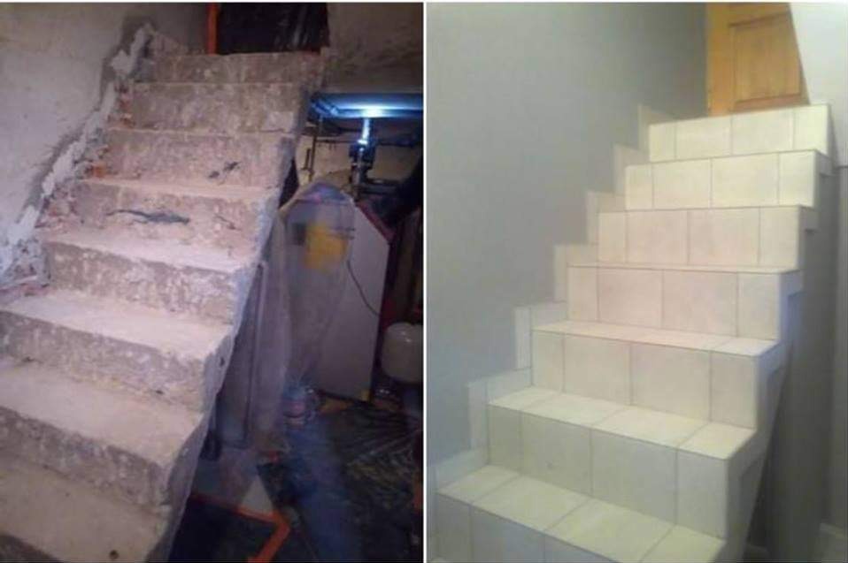 Porównanie stanu schodów przed i po wyłożeniu białymi płytkami. Po lewej stronie surowe, betonowe schody w trakcie prac remontowych, po prawej wykończone, estetyczne płytki.