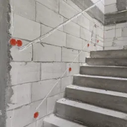 Instalacja elektryczna w budynku: przewody w białych listwach i pomarańczowe puszki gniazdek na ścianie z szarego betonu, widok na schody w trakcie budowy.