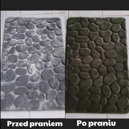 Czysto z Anną - Dywanik łazienkowy z wzorem kamieni, widok przed i po praniu, po lewej stronie szary i zabrudzony, po prawej czysty i ciemnozielony.