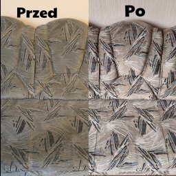 Czysto z Anną - Tapicerka kanapy z abstrakcyjnym wzorem, podzielona na dwie części: zabrudzona (przed) i wyczyszczona (po).