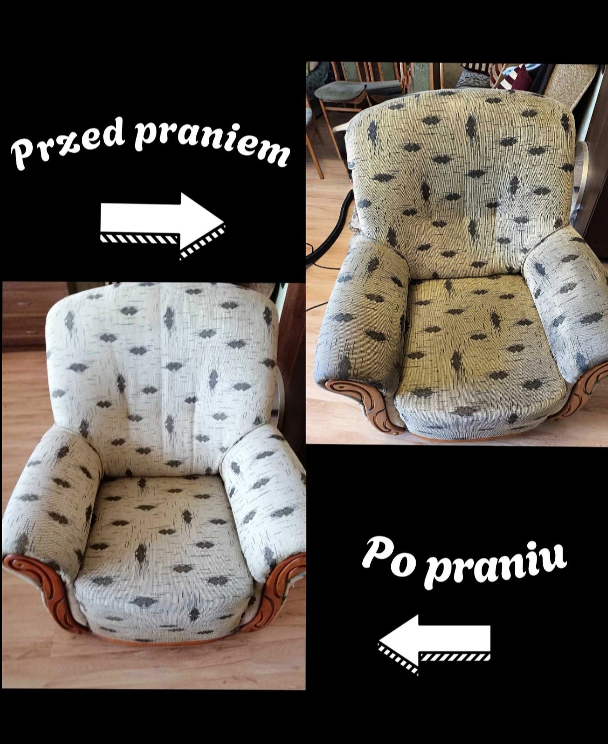 Porównanie fotela przed i po czyszczeniu tapicerki, widoczne różnice w odświeżonym wyglądzie i usuniętych zabrudzeniach.