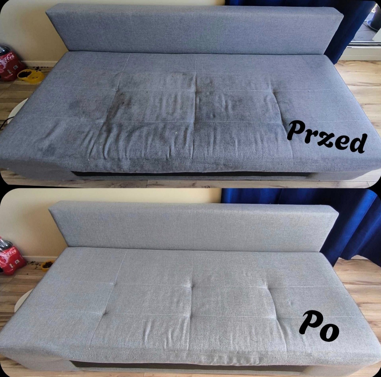 Szara rozkładana kanapa z widocznymi plamami przed czyszczeniem i odświeżona po praniu, zestawienie 'przed i po' z boku widoczna butelka Coca-Coli i żółta miska.