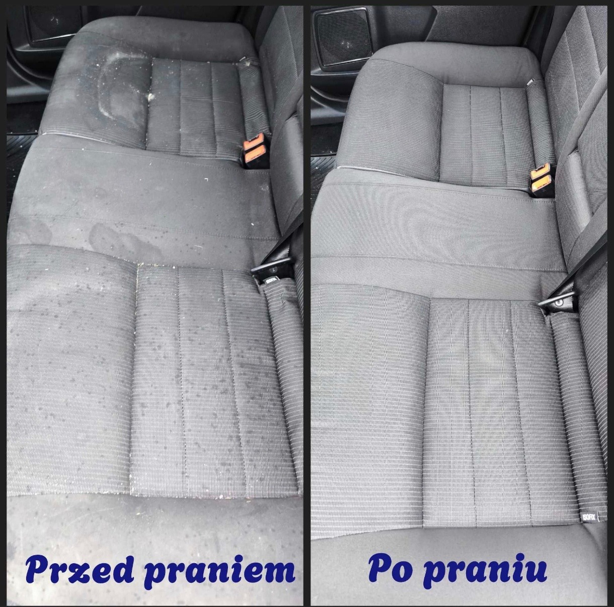 Tapicerka samochodowa: porównanie stanu przed i po czyszczeniu, widoczne wyraźne różnice w czystości materiału.