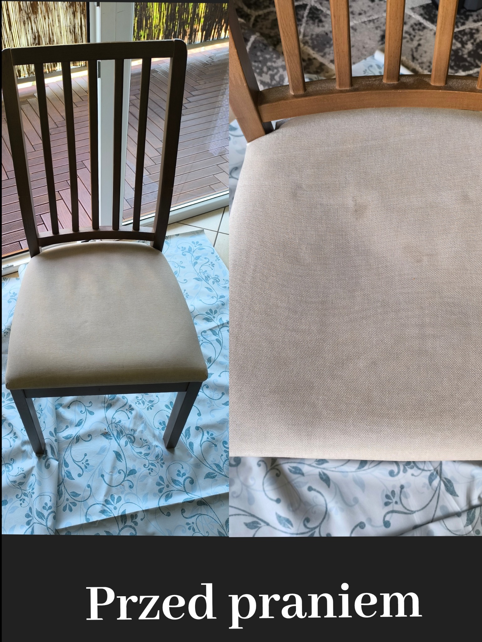 Fotografia przedstawia zestawienie dwóch ujęć krzesła z tapicerowanym siedziskiem, z widocznymi plamami i zabrudzeniami na tkaninie, ułożonego na wzorzystej tkaninie, z podpisem 'Przed praniem'.
