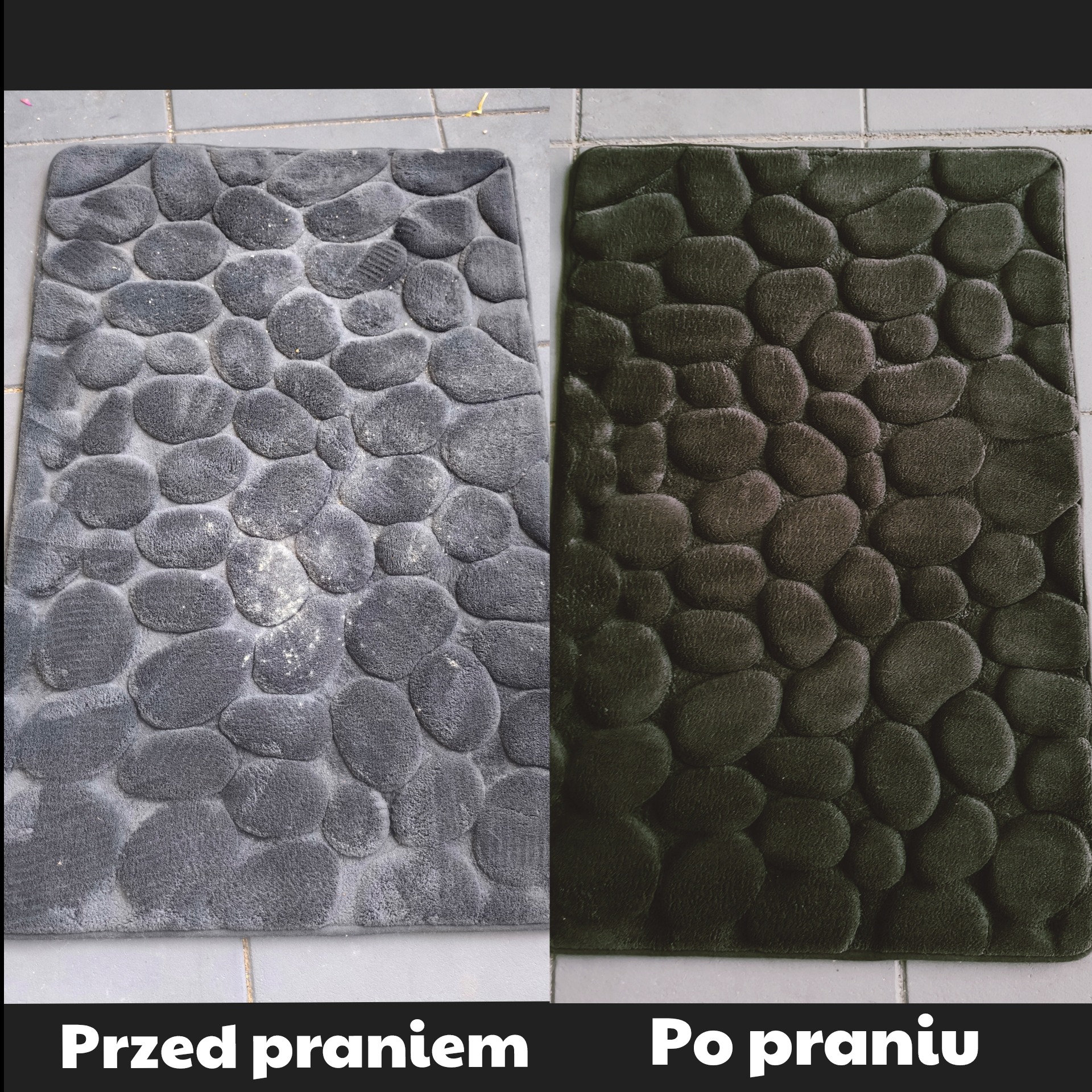 Dywanik łazienkowy z wzorem kamieni, widok przed i po praniu, po lewej stronie szary i zabrudzony, po prawej czysty i ciemnozielony.