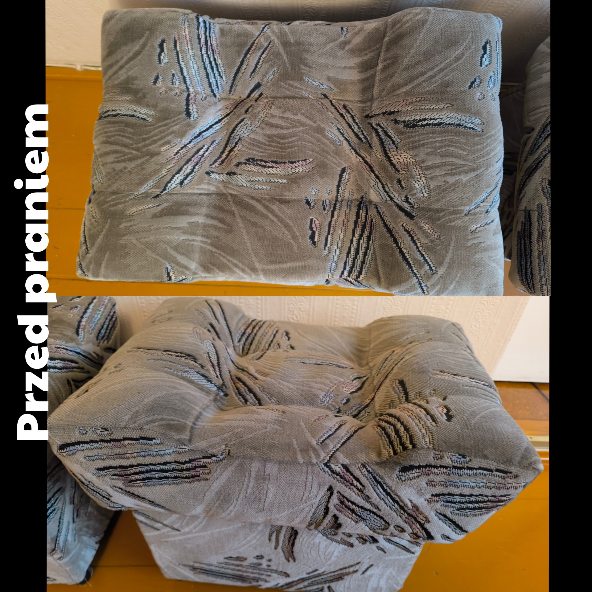 Dwa ujęcia pufy tapicerowanej w odcieniach szarości z wzorem przypominającym liście, górne zdjęcie przedstawia pufę przed praniem, dolne po praniu, widoczne różnice w odcieniach i czystości tkaniny.