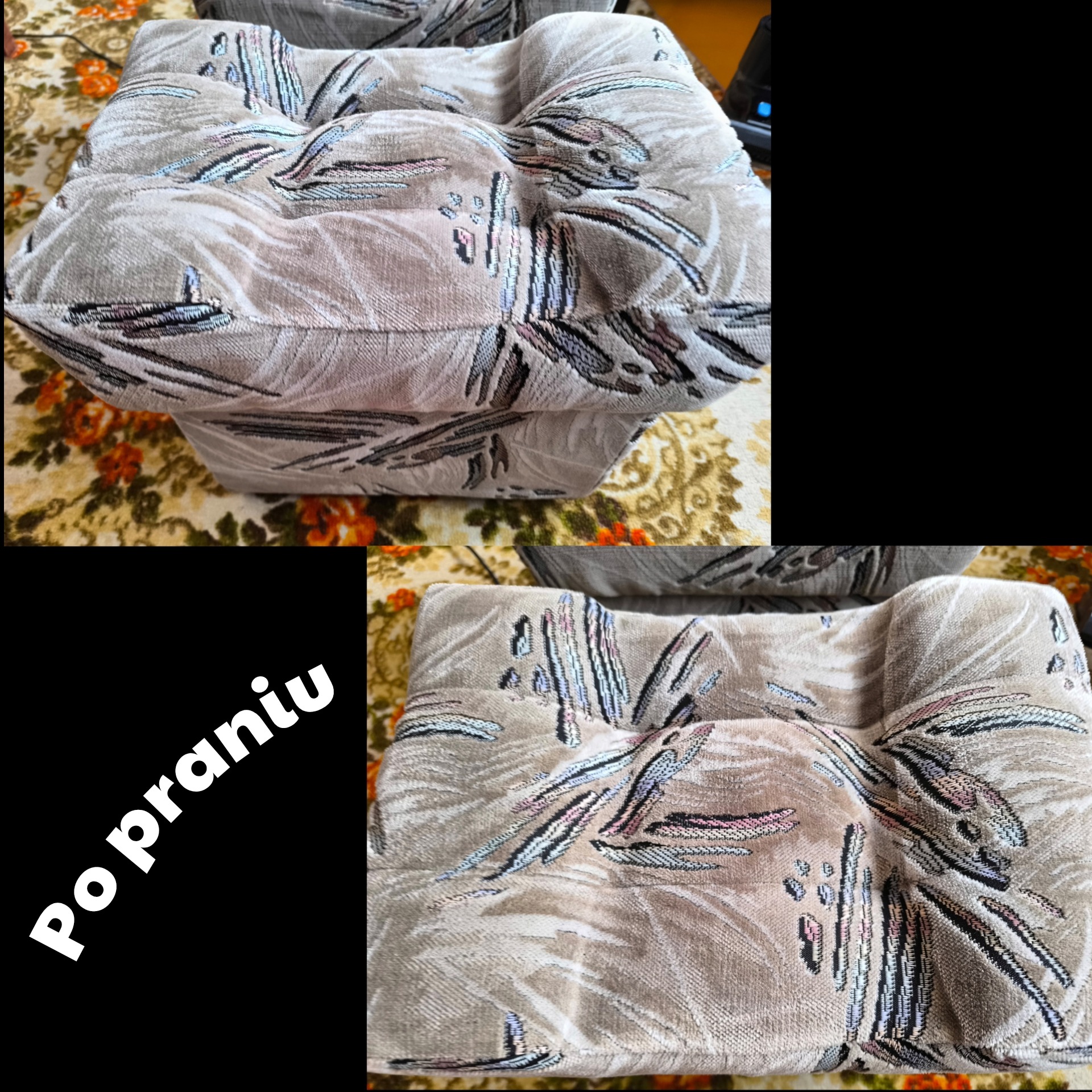 Dwa ujęcia beżowego, wzorzystego pufa po praniu, z wyraźnym napisem 'Po praniu' na czarnym tle, umieszczone obok siebie.