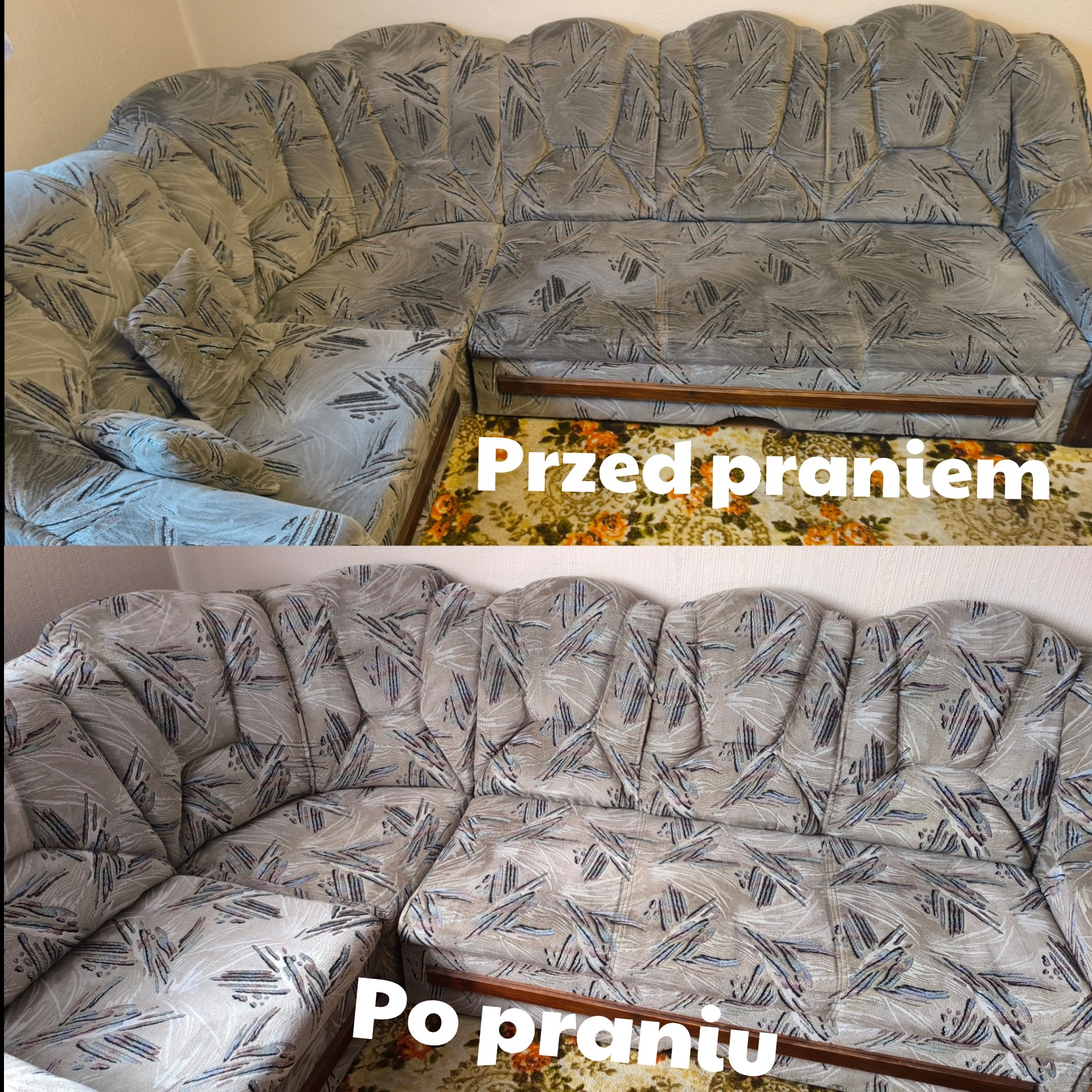 Porównanie narożnika z tapicerką w geometryczne wzory, podzielone na dwie części: górna część przedstawia narożnik przed czyszczeniem, z widocznymi zabrudzeniami, dolna część pokazuje ten sam...