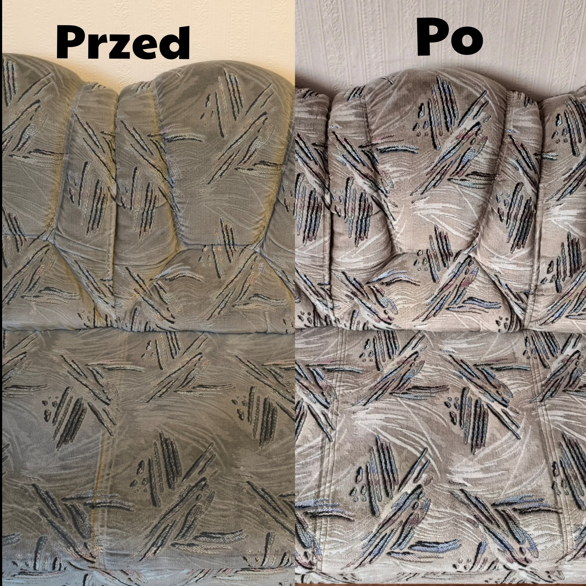 Tapicerka kanapy z abstrakcyjnym wzorem, podzielona na dwie części: zabrudzona (przed) i wyczyszczona (po).