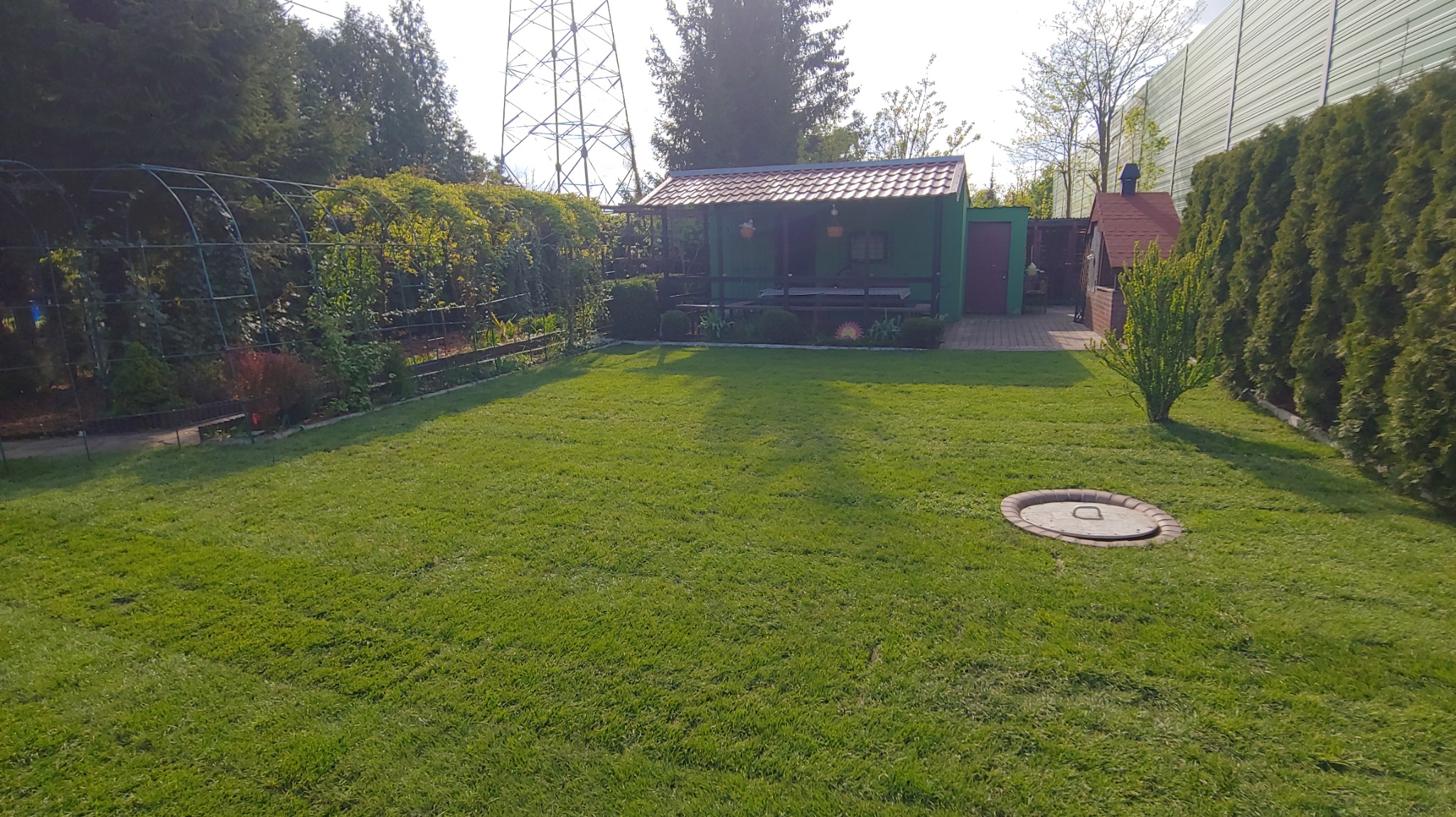 Zadbany trawnik z zieloną altaną i tunelem roślinnym w tle, otoczony tujami. Widoczny właz kanalizacyjny na trawniku. Słoneczny dzień.