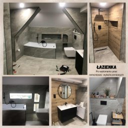 AndBud - Stylowa łazienka na poddaszu z szarymi płytkami imitującymi marmur, czarną armaturą i drewnianymi akcentami. Widoczna wanna, kabina prysznicowa i umywalka z okrągłym lustrem.
