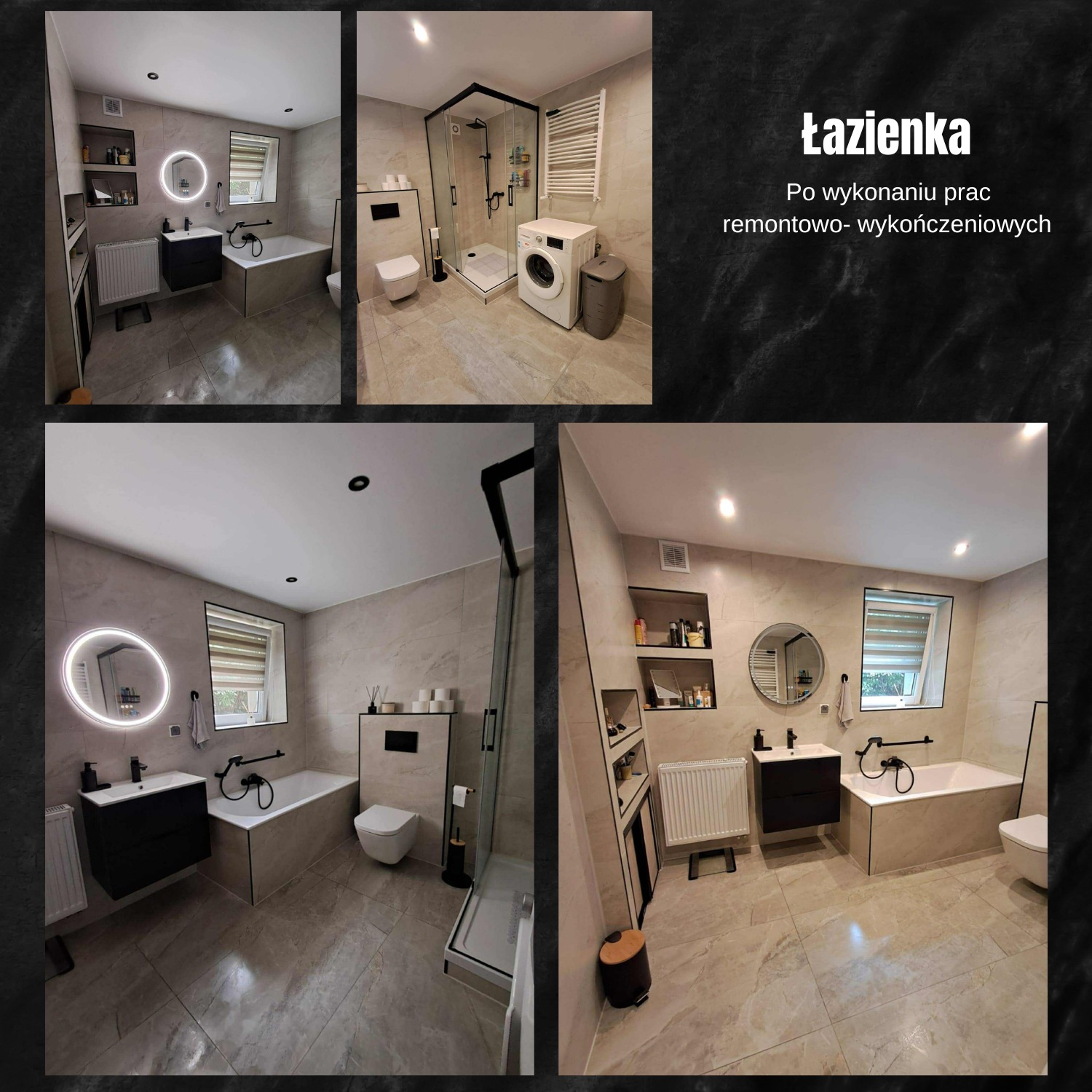 Nowoczesna łazienka w beżach z czarnymi akcentami: kabina, umywalka z okrągłym lustrem LED, pralka. Po remoncie, widok z dwóch perspektyw.