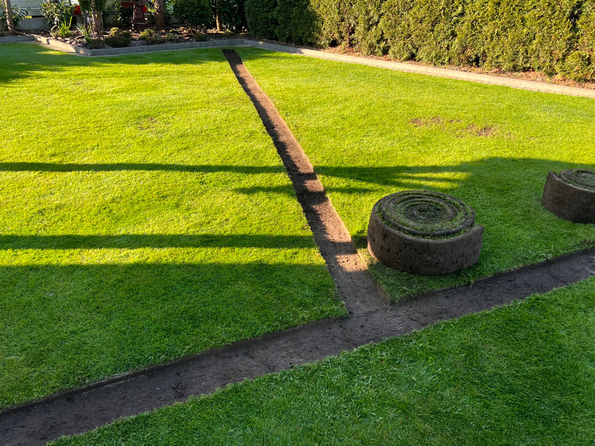 Przygotowany grunt pod trawnik z rolki, widoczne rolki trawy oraz wykopane rowki. Trawa w intensywnym odcieniu zieleni, wysoka jakość wykonania.