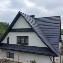 Dom jednorodzinny z czarnym dachem z blachy na rąbek stojący, widoczny komin i okna. W tle zieleń drzew i wzgórza. Częściowo widoczne rusztowanie.