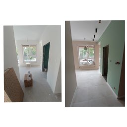 WYMALOWANI - Porównanie stanu surowego i wykończonego wnętrza mieszkania: po lewej surowy beton, kartony na podłodze, po prawej płytki podłogowe, pomalowane ściany i zamontowane oświetlenie