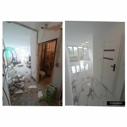 WYMALOWANI - Porównanie stanu mieszkania przed i po remoncie: po lewej gruz i instalacje, po prawej wykończone wnętrze z marmurową podłogą i białą stolarką drzwiową.