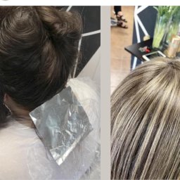 Salon Fryzjerski Paweł Zawadzki - Koloryzacja włosów techniką pasemek: widok przed i po zabiegu, z folią aluminiową na włosach w trakcie procesu.