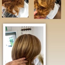 Salon Fryzjerski Paweł Zawadzki - Kolaż zdjęć włosów przed i po koloryzacji z widocznymi refleksami w odcieniach blondu.