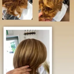 Kolaż zdjęć włosów przed i po koloryzacji z widocznymi refleksami w odcieniach blondu.