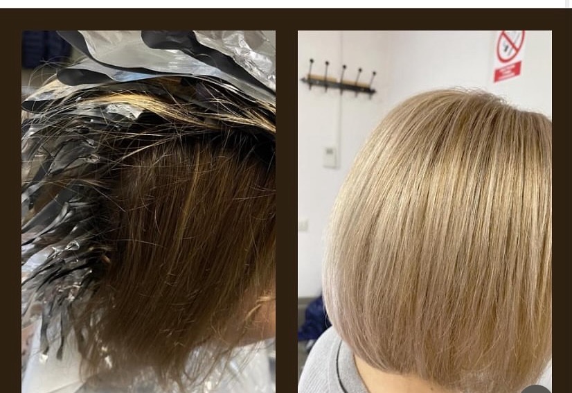 Porównanie przed i po koloryzacji włosów na blond, widoczne folie na włosach w trakcie zabiegu i efekt końcowy w postaci krótkiego boba.