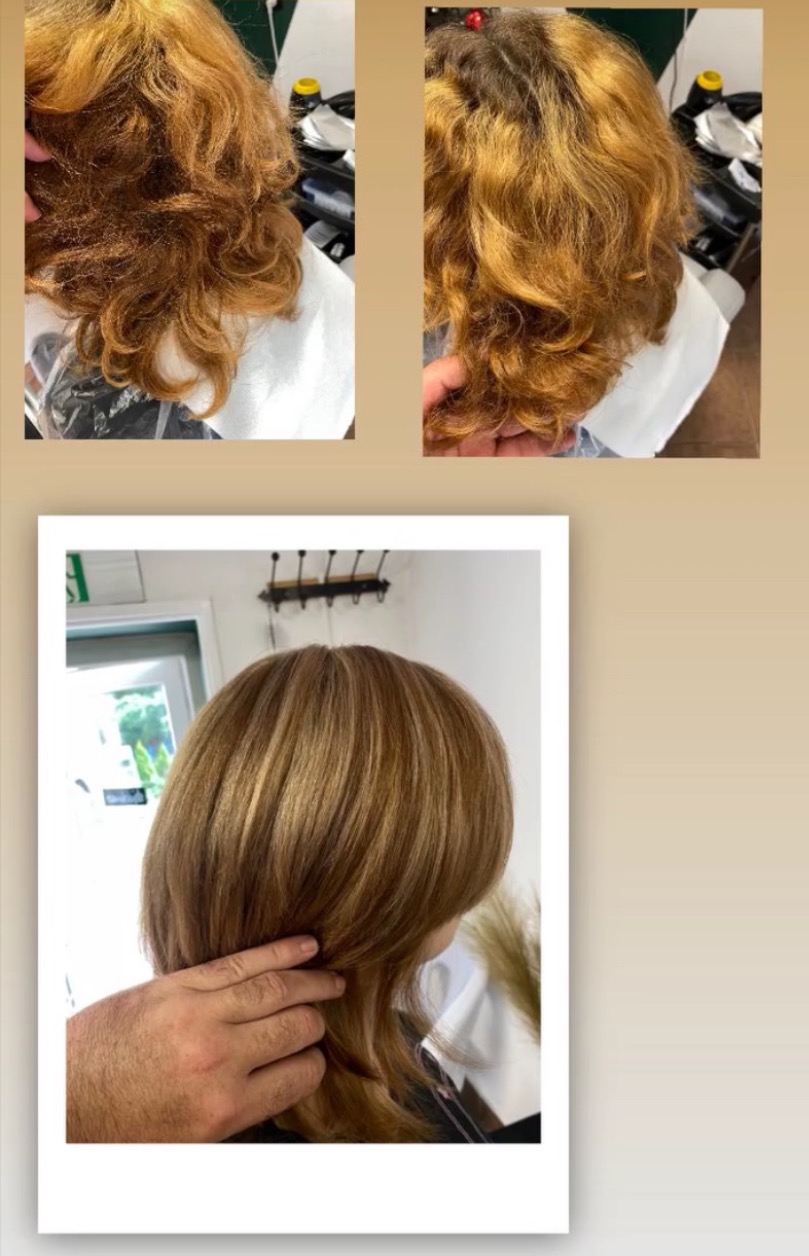 Kolaż zdjęć włosów przed i po koloryzacji z widocznymi refleksami w odcieniach blondu.