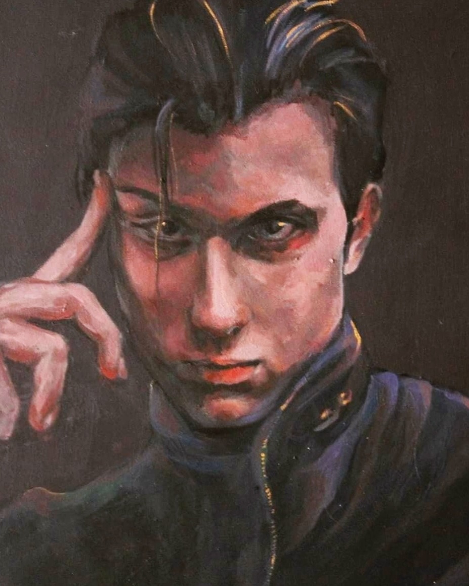 Olejny portret młodego mężczyzny w ciemnej kurtce, zamyślony wyraz twarzy, palec wskazujący dotyka skroni, ciemne tło.