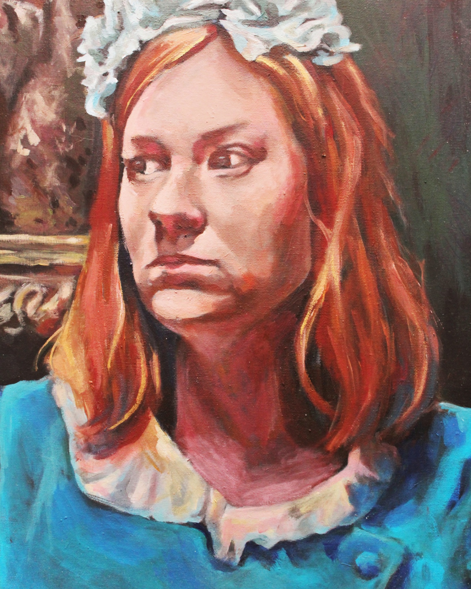 Portret olejny kobiety z rudymi włosami, białym wiankiem i niebieską sukienką, spoglądającej w lewo.