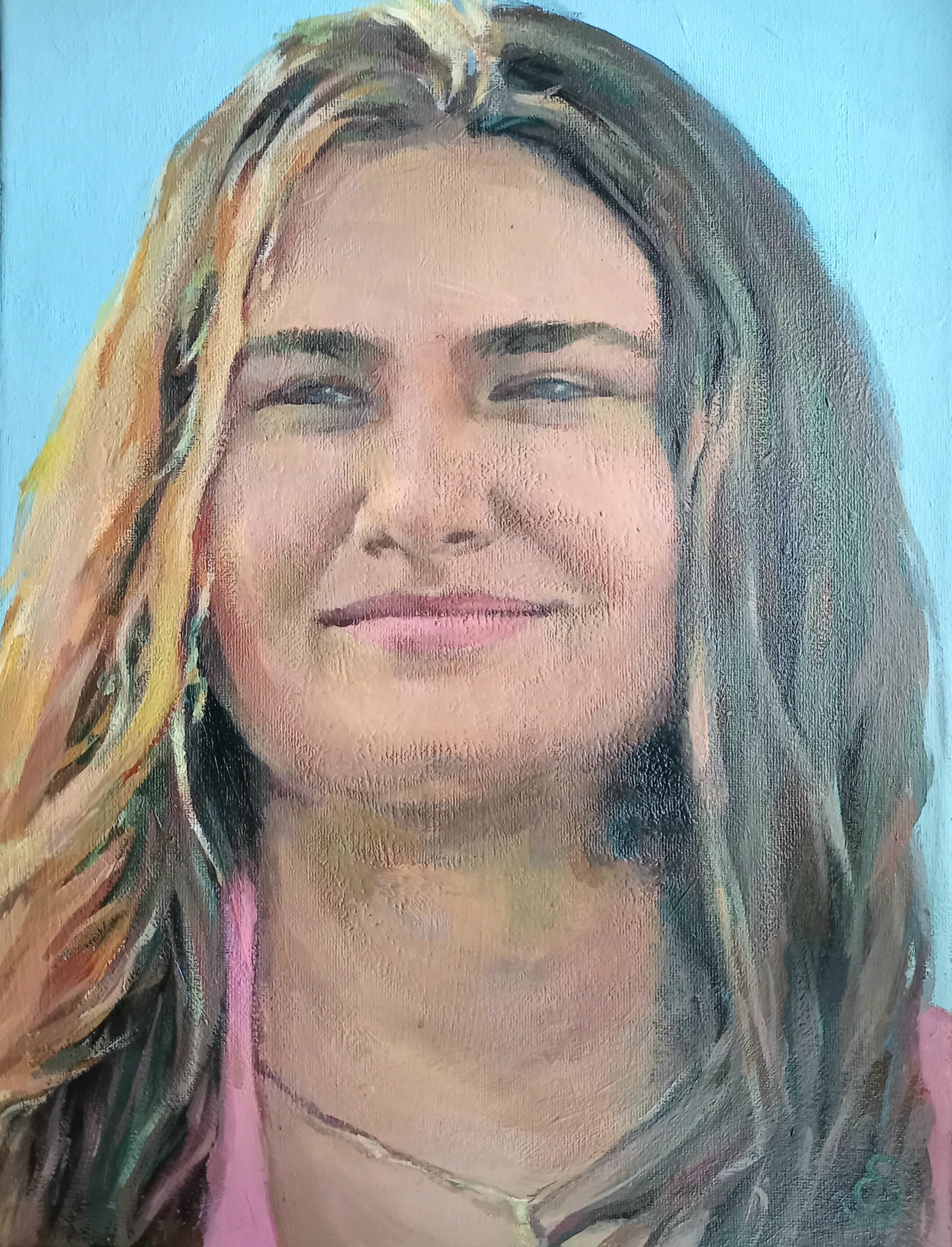 Olejny portret kobiety z długimi włosami na błękitnym tle, widoczne pociągnięcia pędzla i faktura płótna.