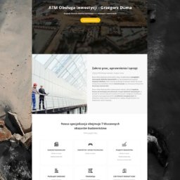 ATM Obsługa Inwestycji Grzegorz Duma - Responsywna strona internetowa firmy ATM Obsługa Inwestycji z widocznymi sekcjami: oferta, zakres prac, specjalizacje budowlane. Minimalistyczny design, jasna kolorystyka.