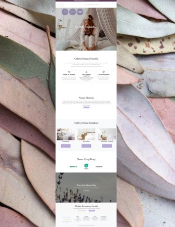 Responsywna strona WWW sklepu Goose & Lavender z Łodzi, prezentująca kolekcję pościeli. Tło zdjęcia stanowią suszone liście eukaliptusa, dodające naturalnego charakteru.