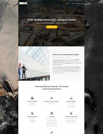 Responsywna strona internetowa firmy ATM Obsługa Inwestycji z widocznymi sekcjami: oferta, zakres prac, specjalizacje budowlane. Minimalistyczny design, jasna kolorystyka.