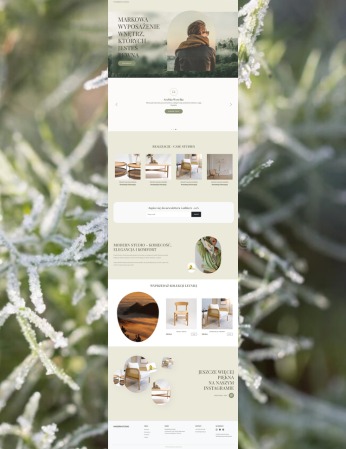 Nowoczesny projekt strony internetowej z minimalistycznym designem, prezentujący aranżacje wnętrz i meble w stonowanej kolorystyce, z elementami roślinnymi w tle.