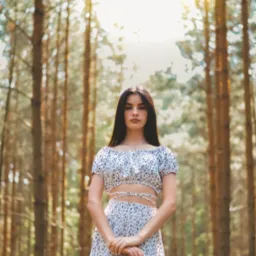 Portret młodej kobiety w kwiecistym stroju, stojącej na tle lasu z promieniami słońca przebijającymi przez korony drzew.