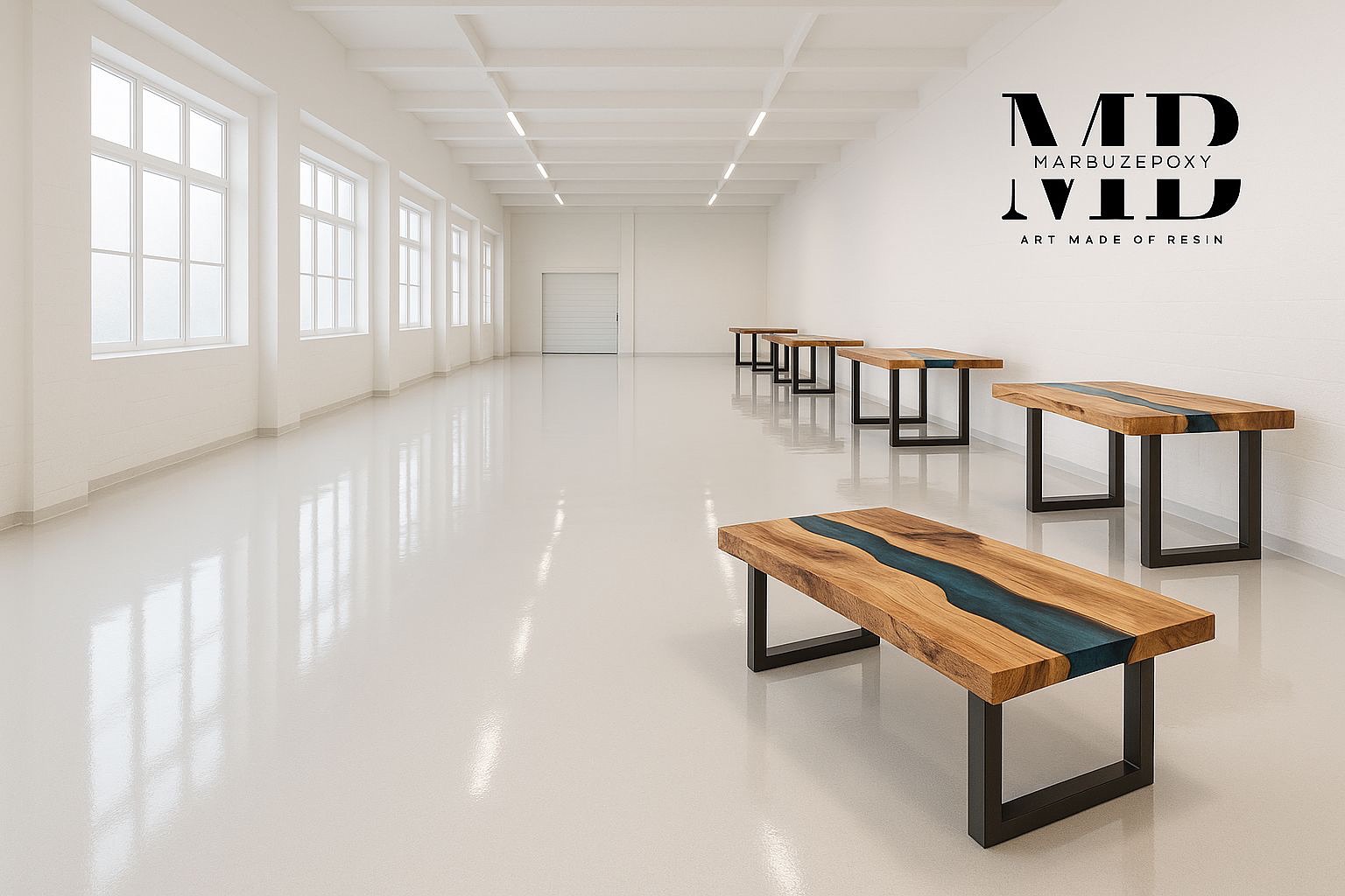 Biała posadzka żywiczna w przestronnym, jasnym wnętrzu hali. W tle rzędy drewnianych stolików z żywicą. Minimalistyczny design, gładka powierzchnia, refleksy świetlne.