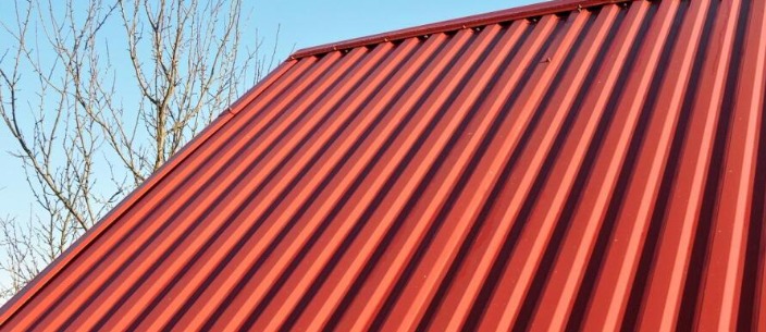 Czerwony, blaszany dach trapezowy, widok z dołu pod kątem, na tle błękitnego nieba i gałęzi drzewa bez liści.