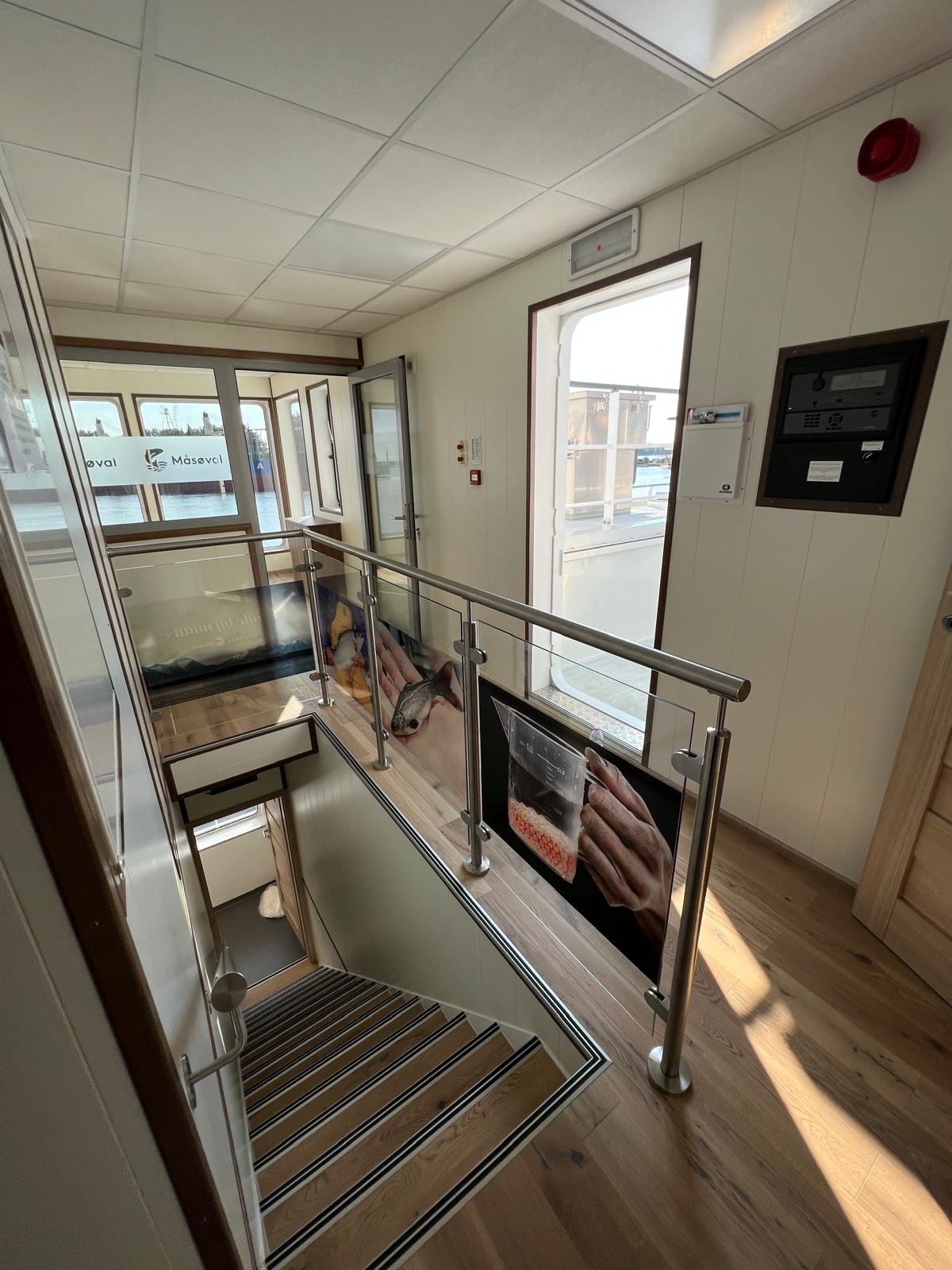 Wnętrze statku z drewnianymi schodami z czarnymi paskami, szklaną balustradą z grafikami, jasnymi ścianami i drewnianą podłogą, widok z góry na dół.
