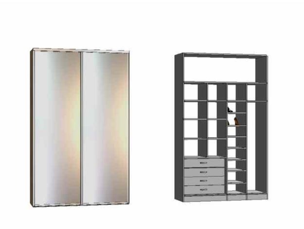 Wizualizacja szafy z przesuwnymi lustrzanymi drzwiami obok szkieletu szafy z półkami i szufladami; projekt mebla.