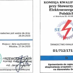 Skan świadectwa kwalifikacyjnego Stowarzyszenia Elektroenergetyków Polskich z datą ważności do 26.04.2025, numerem D1/712/1713/20 i pieczątką przewodniczącego Komisji Kwalifikacyjnej, uprawniające...