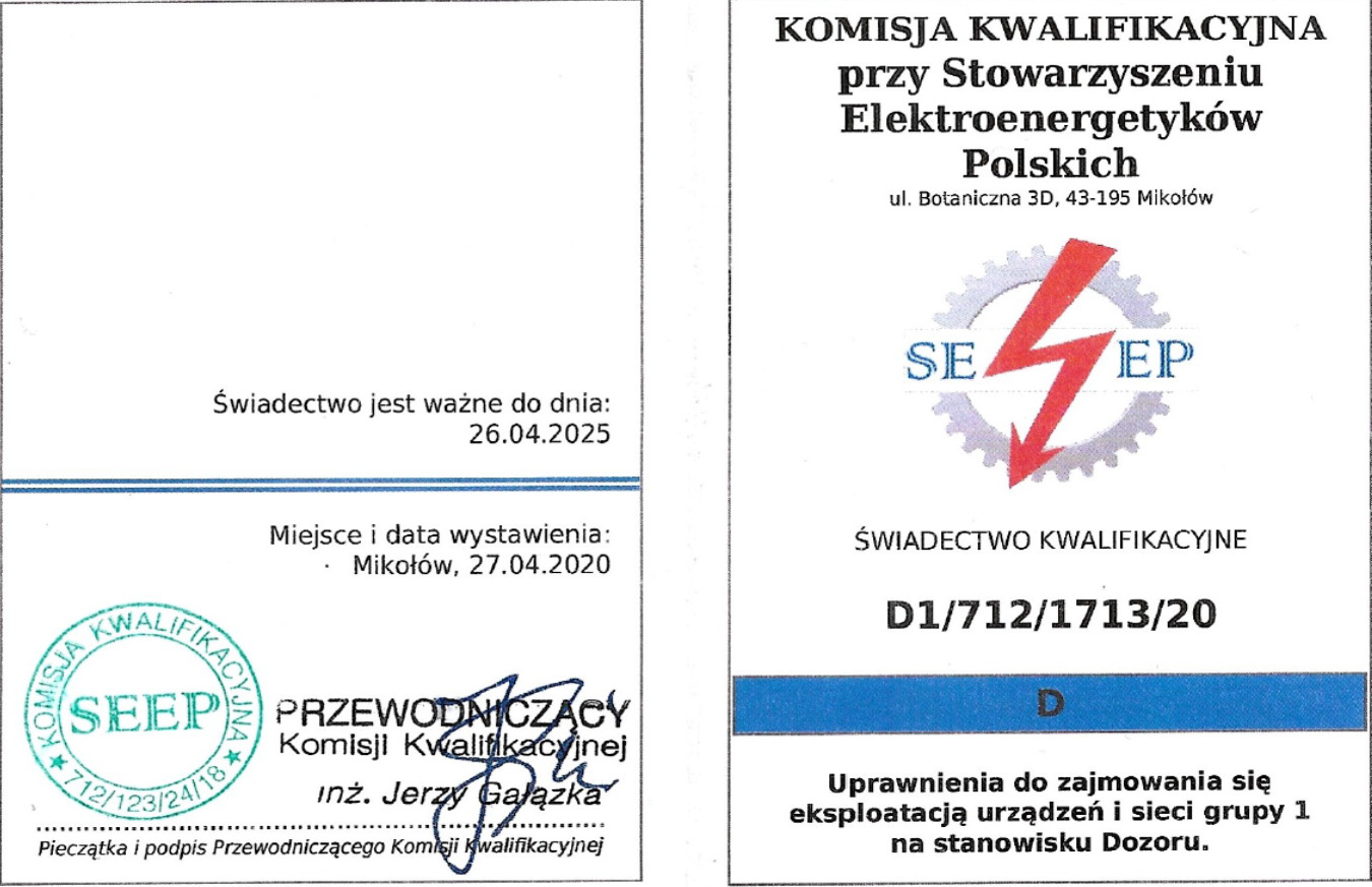 Skan świadectwa kwalifikacyjnego Stowarzyszenia Elektroenergetyków Polskich z datą ważności do 26.04.2025, numerem D1/712/1713/20 i pieczątką przewodniczącego Komisji Kwalifikacyjnej, uprawniające...