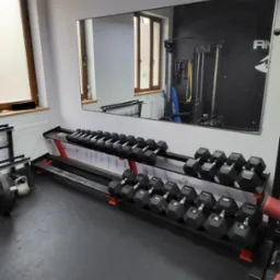 Stojak na hantle z profilu 60x60x3 mm i półkami z profilu 100x20x2 mm wzmocnionymi płaskownikiem 50x5 mm, pełen zestaw hantli w siłowni, widok na lustro z odbiciem sprzętu do ćwiczeń.