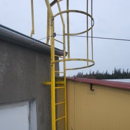 LIONTECH Jakub Kiedrowski - Żółta drabina ewakuacyjna z koszem ochronnym, przymocowana do ściany budynku. Widok z dołu, pochmurne niebo w tle. Metalowa konstrukcja na dachu.